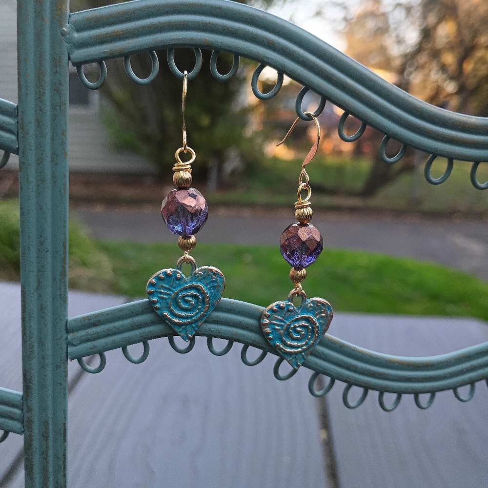 Elegant Heart Drop Earrings with Bronze Beads